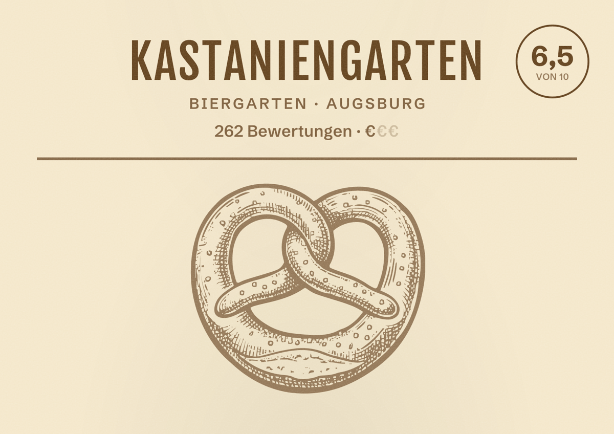 Illustriertes Poster von Kastaniengarten, Biergarten in Augsburg: Bewertung 6,5 von 10 aus 262 Bewertungen, Preisniveau €