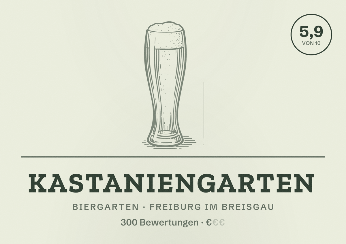 Illustriertes Poster von Kastaniengarten, Biergarten in Freiburg im Breisgau: Bewertung 5,9 von 10 aus 300 Bewertungen, Preisniveau €