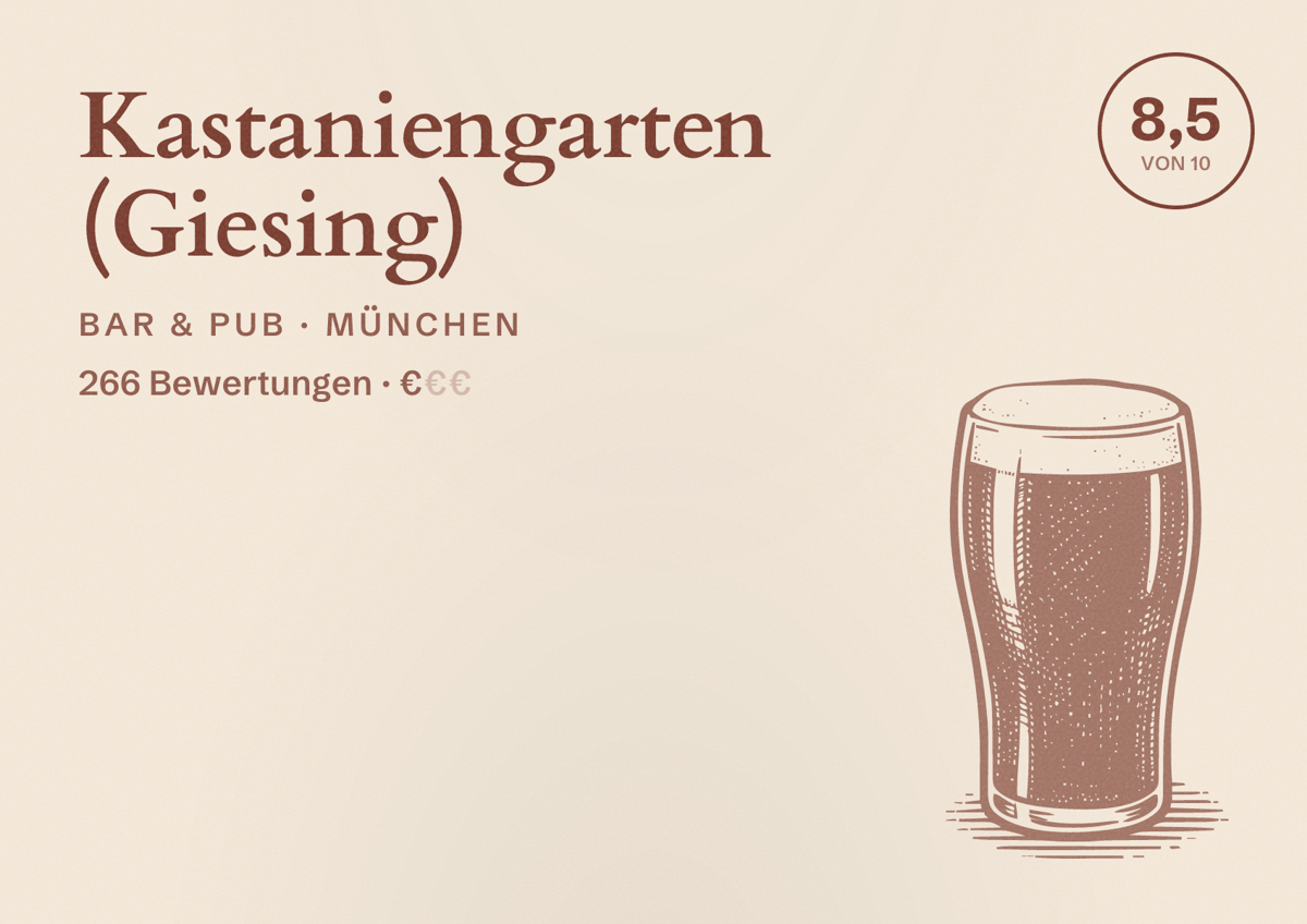 Illustriertes Poster von Kastaniengarten (Giesing), Bar & Pub in München: Bewertung 8,5 von 10 aus 266 Bewertungen, Preisniveau €