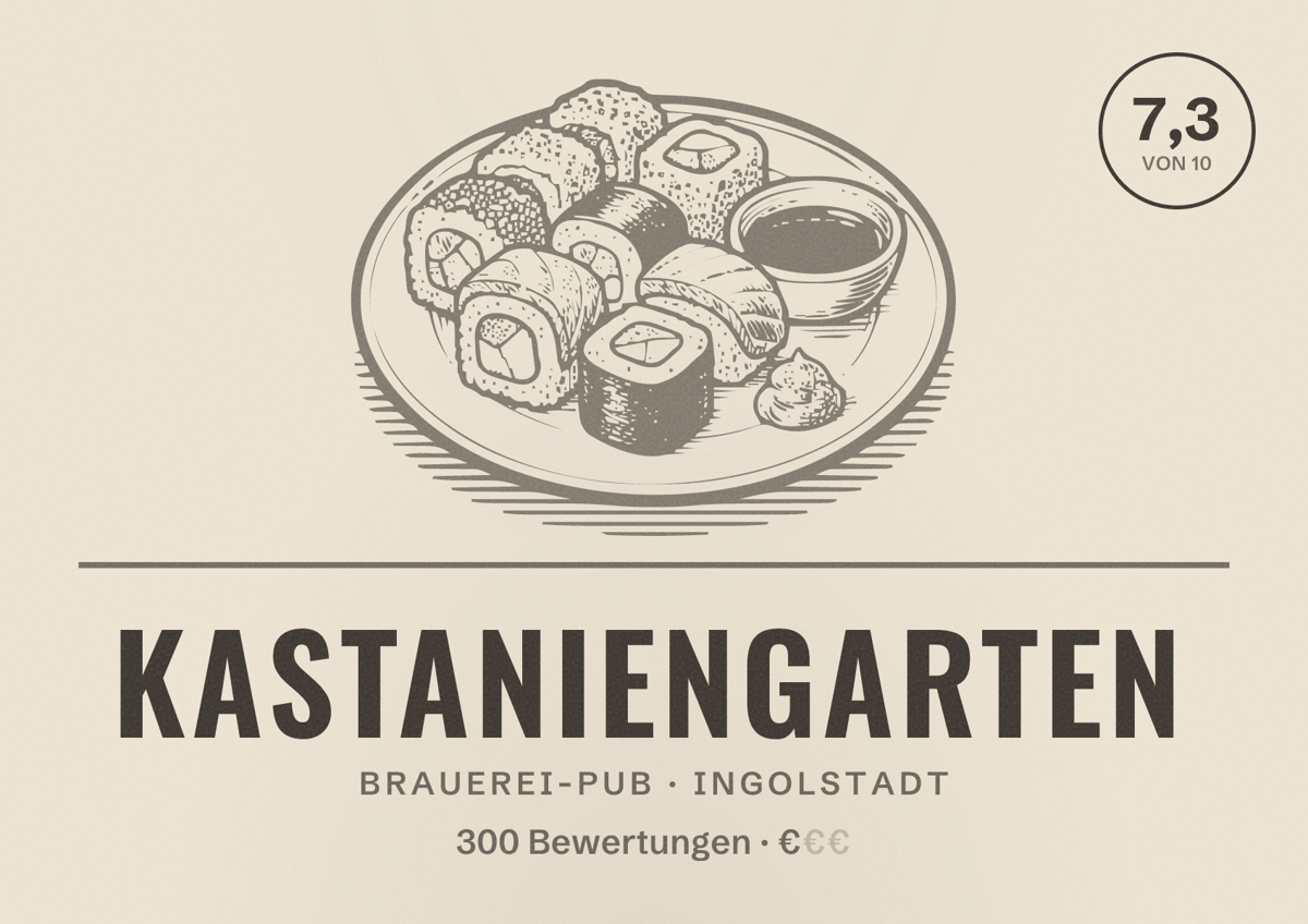 Illustriertes Poster von Kastaniengarten, Brauerei-Pub in Ingolstadt: Bewertung 7,3 von 10 aus 300 Bewertungen, Preisniveau €