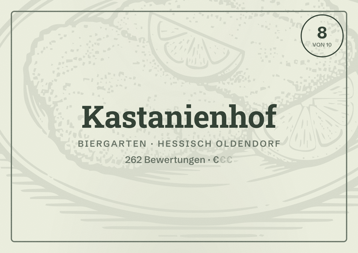 Illustriertes Poster von Kastanienhof, Biergarten in Hessisch Oldendorf: Bewertung 8 von 10 aus 262 Bewertungen, Preisniveau €