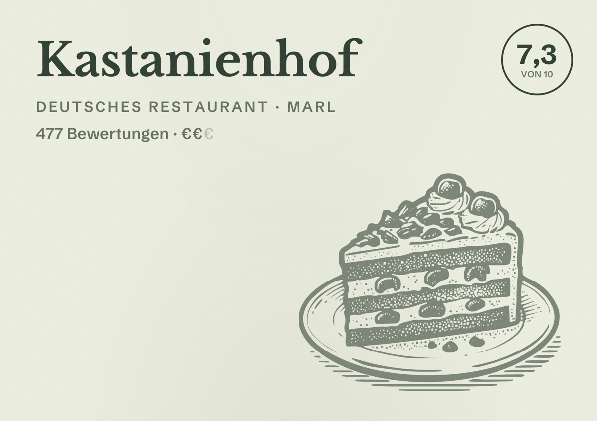Illustriertes Poster von Kastanienhof, Deutsches Restaurant in Marl: Bewertung 7,3 von 10 aus 477 Bewertungen, Preisniveau €€