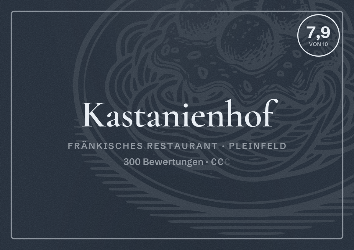 Illustriertes Poster von Kastanienhof, Fränkisches Restaurant in Pleinfeld: Bewertung 7,9 von 10 aus 300 Bewertungen, Preisniveau €€
