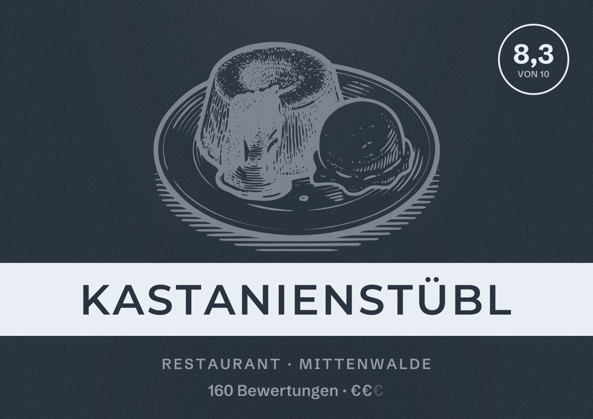 Illustriertes Poster von Kastanienstübl, Restaurant in Mittenwalde: Bewertung 8,3 von 10 aus 160 Bewertungen, Preisniveau €€