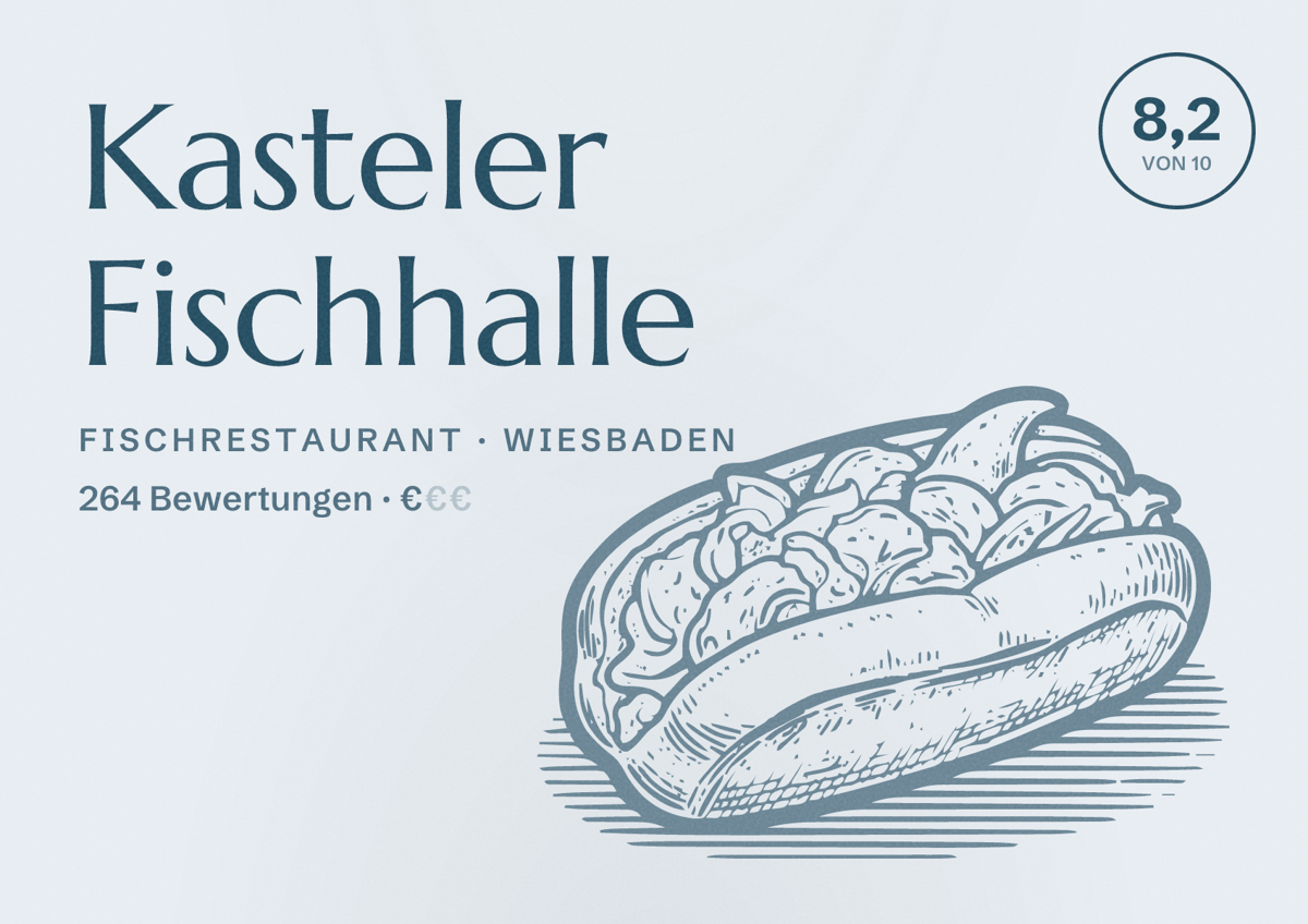 Illustriertes Poster von Kasteler Fischhalle, Fischrestaurant in Wiesbaden: Bewertung 8,2 von 10 aus 264 Bewertungen, Preisniveau €