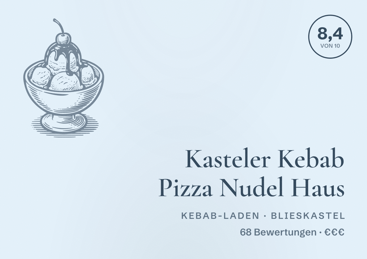 Illustriertes Poster von Kasteler Kebab Pizza Nudel Haus, Kebab-Laden in Blieskastel: Bewertung 8,4 von 10 aus 68 Bewertungen, Preisniveau €€€