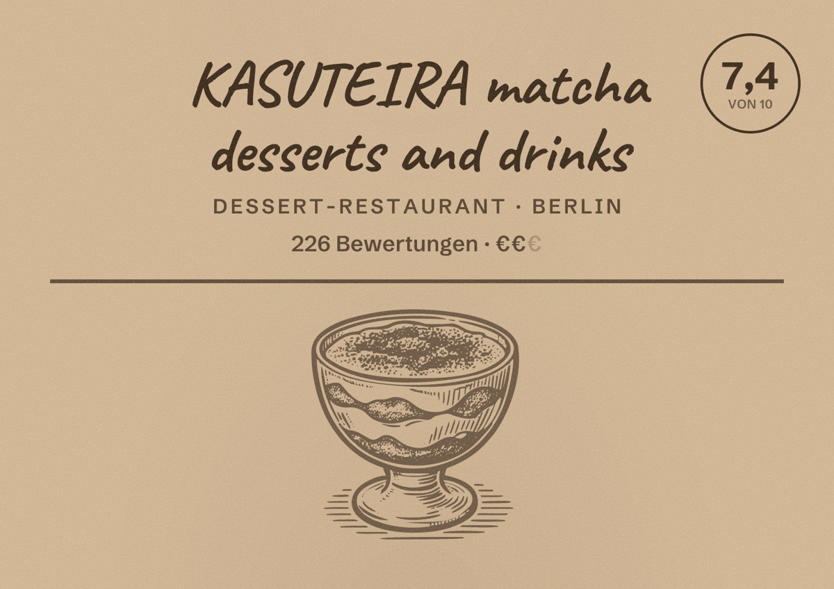 Illustriertes Poster von KASUTEIRA matcha desserts and drinks, Dessert-Restaurant in Berlin: Bewertung 7,4 von 10 aus 226 Bewertungen, Preisniveau €€