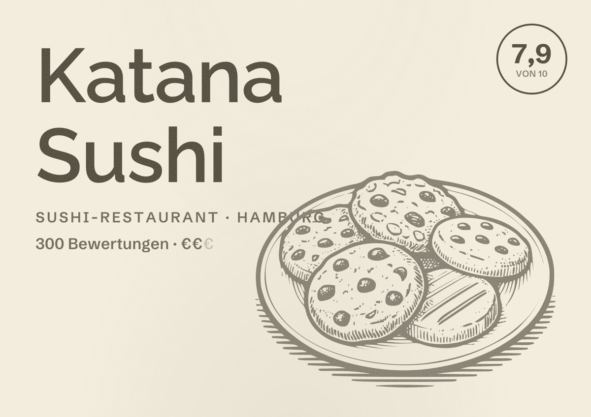 Illustriertes Poster von Katana Sushi, Sushi-Restaurant in Hamburg: Bewertung 7,9 von 10 aus 300 Bewertungen, Preisniveau €€