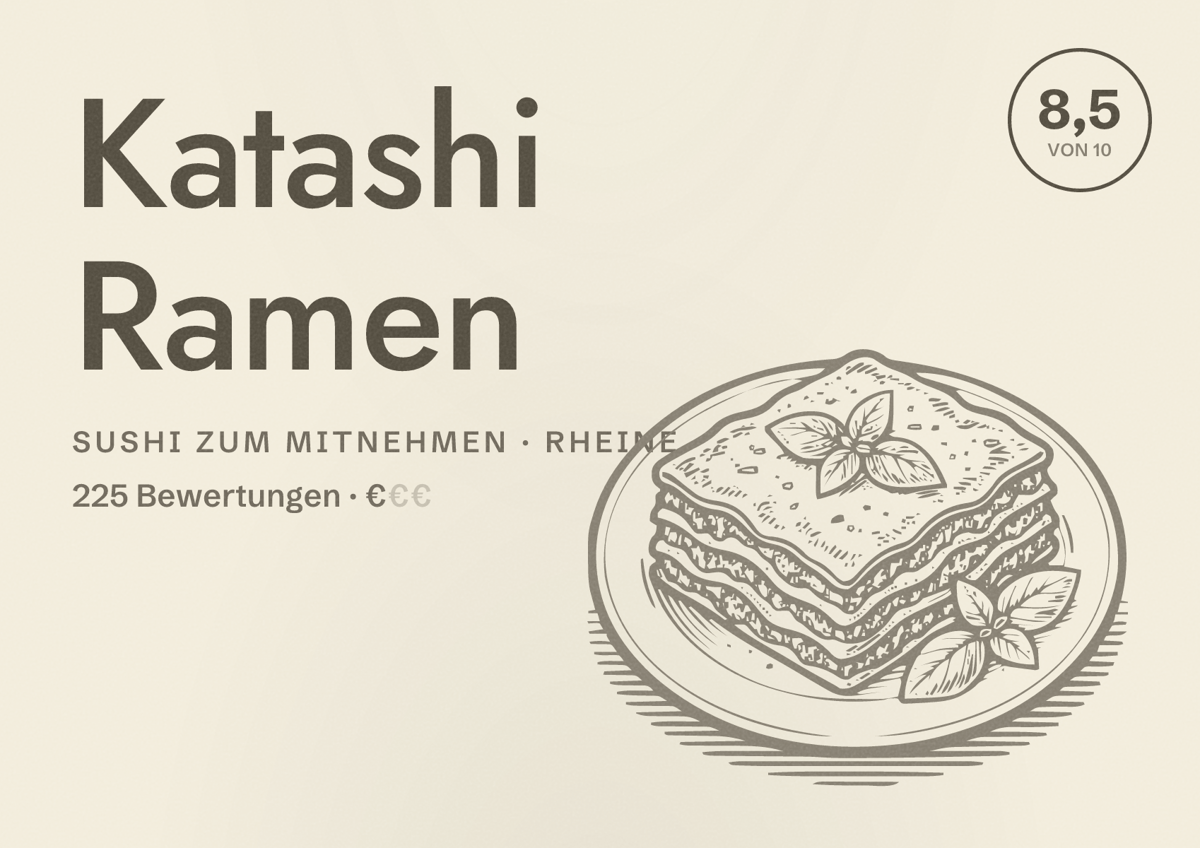 Illustriertes Poster von Katashi Ramen, Sushi zum Mitnehmen in Rheine: Bewertung 8,5 von 10 aus 225 Bewertungen, Preisniveau €