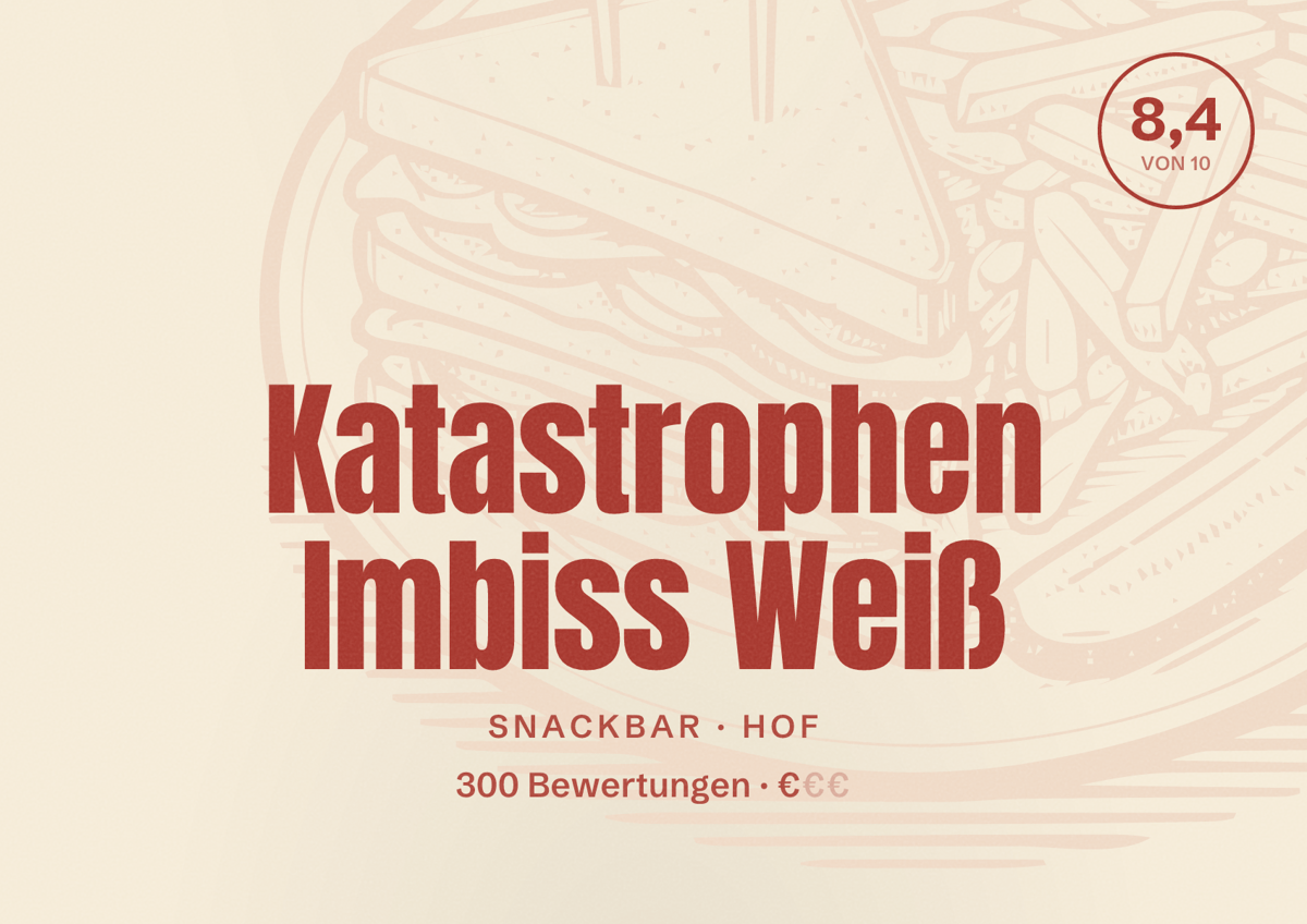 Illustriertes Poster von Katastrophen Imbiss Weiß, Snackbar in Hof: Bewertung 8,4 von 10 aus 300 Bewertungen, Preisniveau €