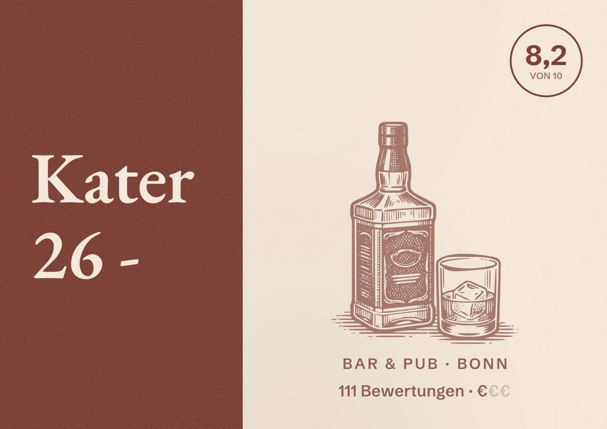 Illustriertes Poster von Kater 26 -, Bar & Pub in Bonn: Bewertung 8,2 von 10 aus 111 Bewertungen, Preisniveau €