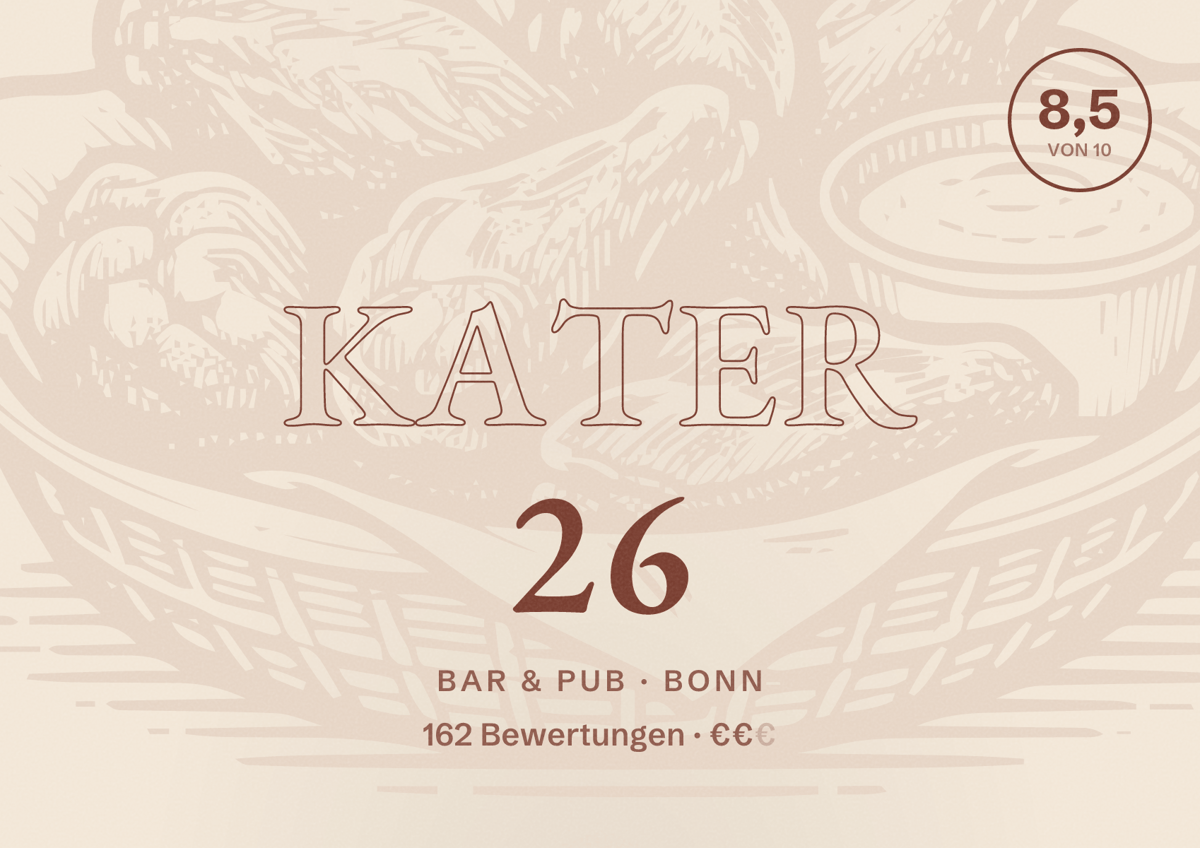 Illustriertes Poster von Kater 26, Bar & Pub in Bonn: Bewertung 8,5 von 10 aus 162 Bewertungen, Preisniveau €€