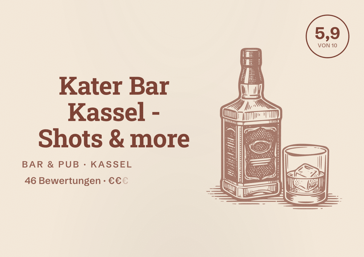 Illustriertes Poster von Kater Bar Kassel - Shots & more, Bar & Pub in Kassel: Bewertung 5,9 von 10 aus 46 Bewertungen, Preisniveau €€