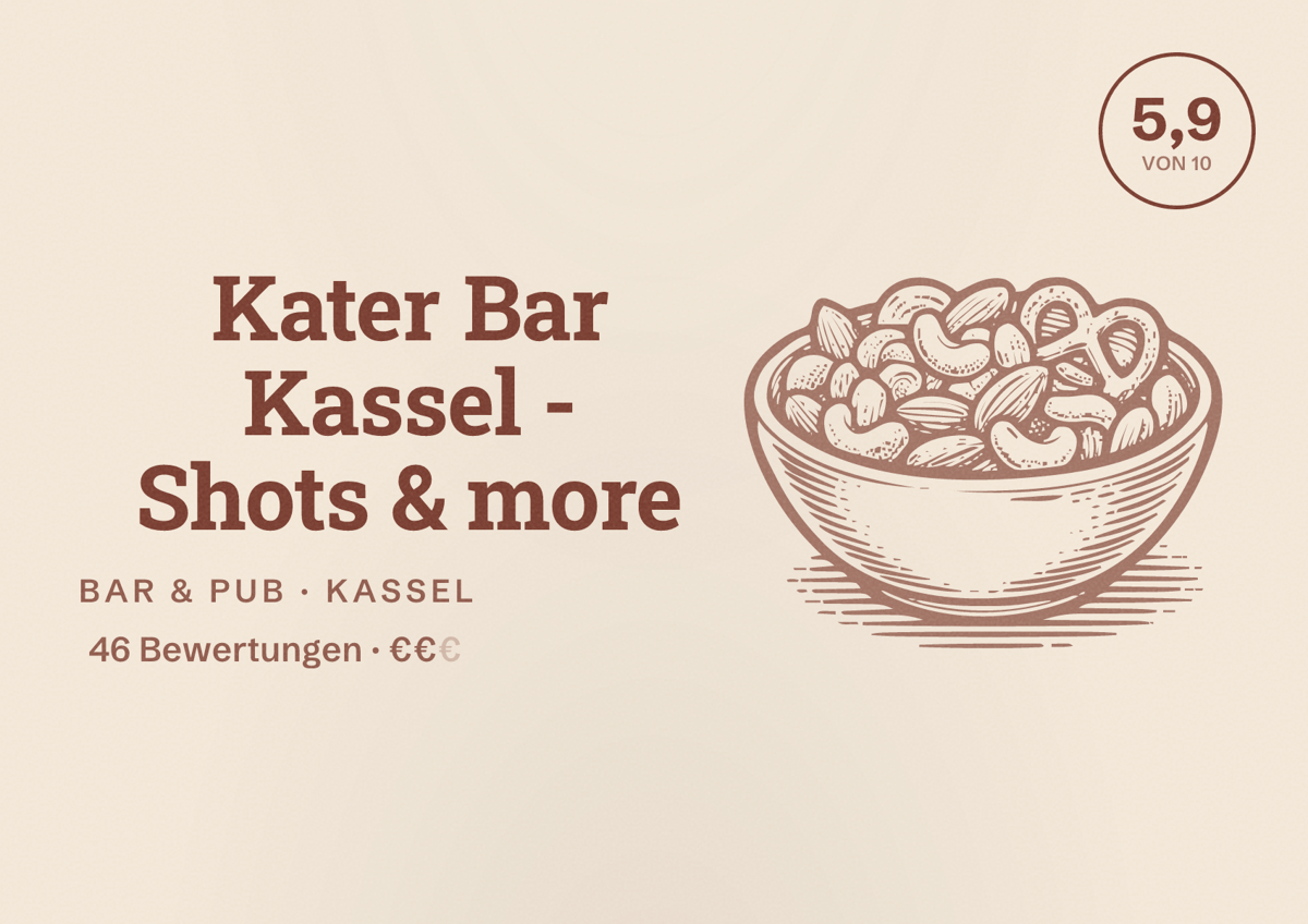 Illustriertes Poster von Kater Bar Kassel - Shots & more, Bar & Pub in Kassel: Bewertung 5,9 von 10 aus 46 Bewertungen, Preisniveau €€