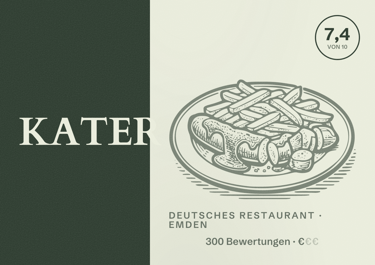 Illustriertes Poster von KATER, Deutsches Restaurant in Emden: Bewertung 7,4 von 10 aus 300 Bewertungen, Preisniveau €