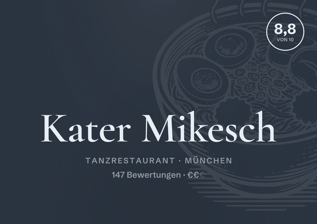 Illustriertes Poster von Kater Mikesch, Tanzrestaurant in München: Bewertung 8,8 von 10 aus 147 Bewertungen, Preisniveau €€