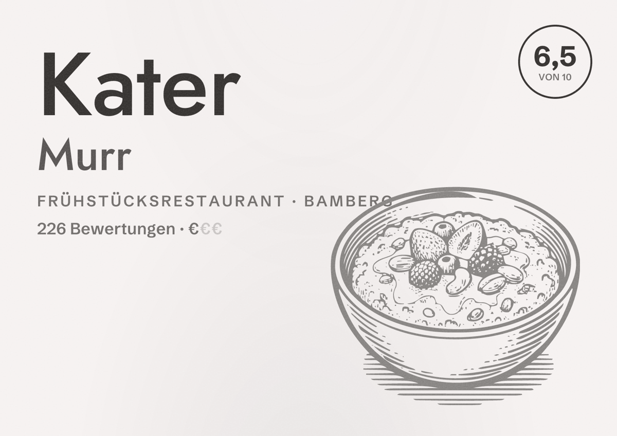 Illustriertes Poster von Kater Murr, Frühstücksrestaurant in Bamberg: Bewertung 6,5 von 10 aus 226 Bewertungen, Preisniveau €