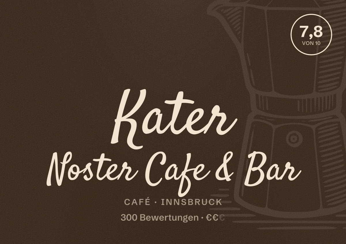 Illustriertes Poster von Kater Noster Cafe & Bar, Café in Innsbruck: Bewertung 7,8 von 10 aus 300 Bewertungen, Preisniveau €€