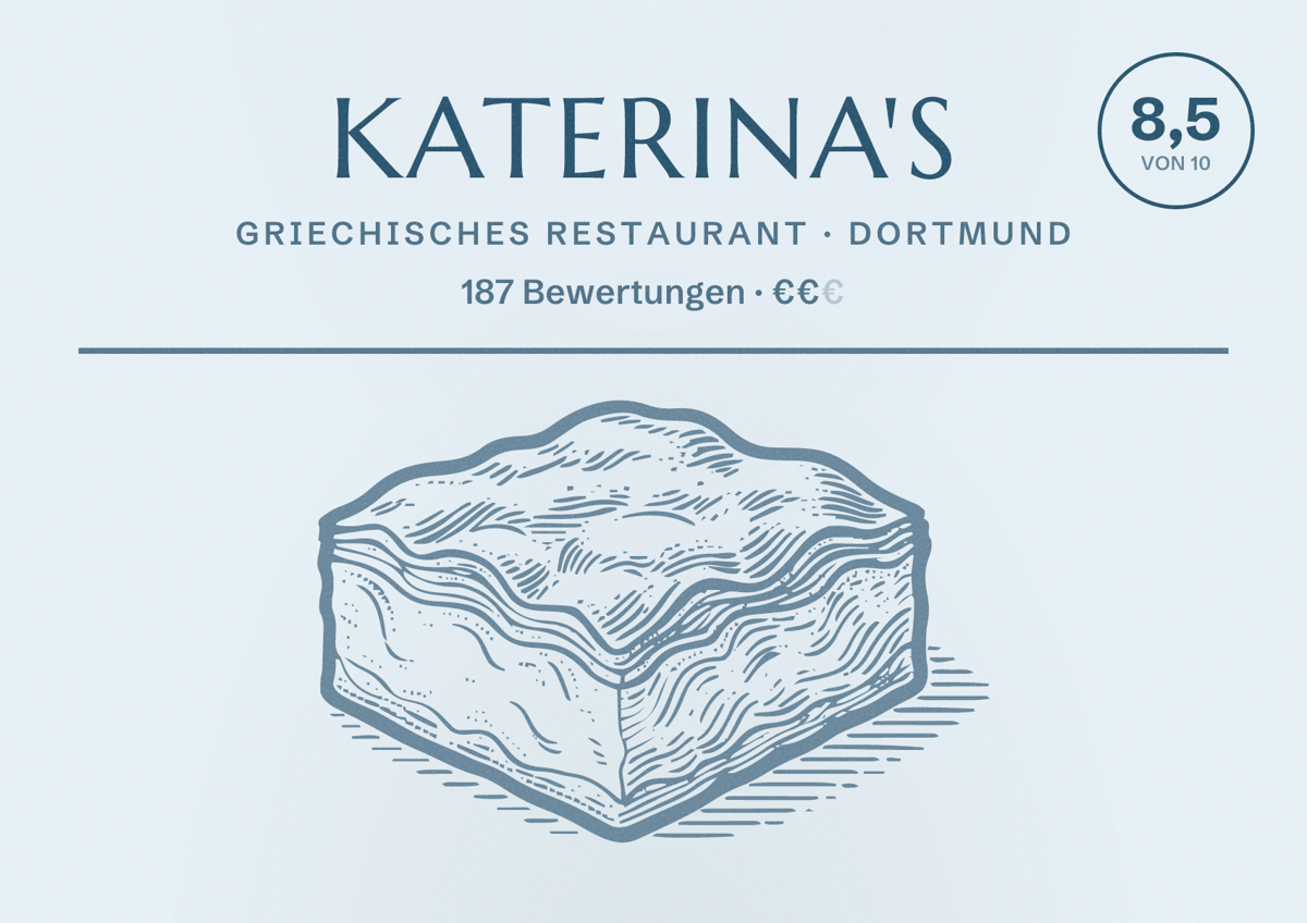 Illustriertes Poster von Katerina's, Griechisches Restaurant in Dortmund: Bewertung 8,5 von 10 aus 187 Bewertungen, Preisniveau €€