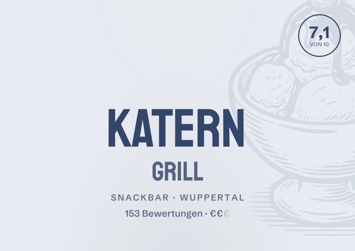 Illustriertes Poster von Katern Grill, Snackbar in Wuppertal: Bewertung 7,1 von 10 aus 153 Bewertungen, Preisniveau €€