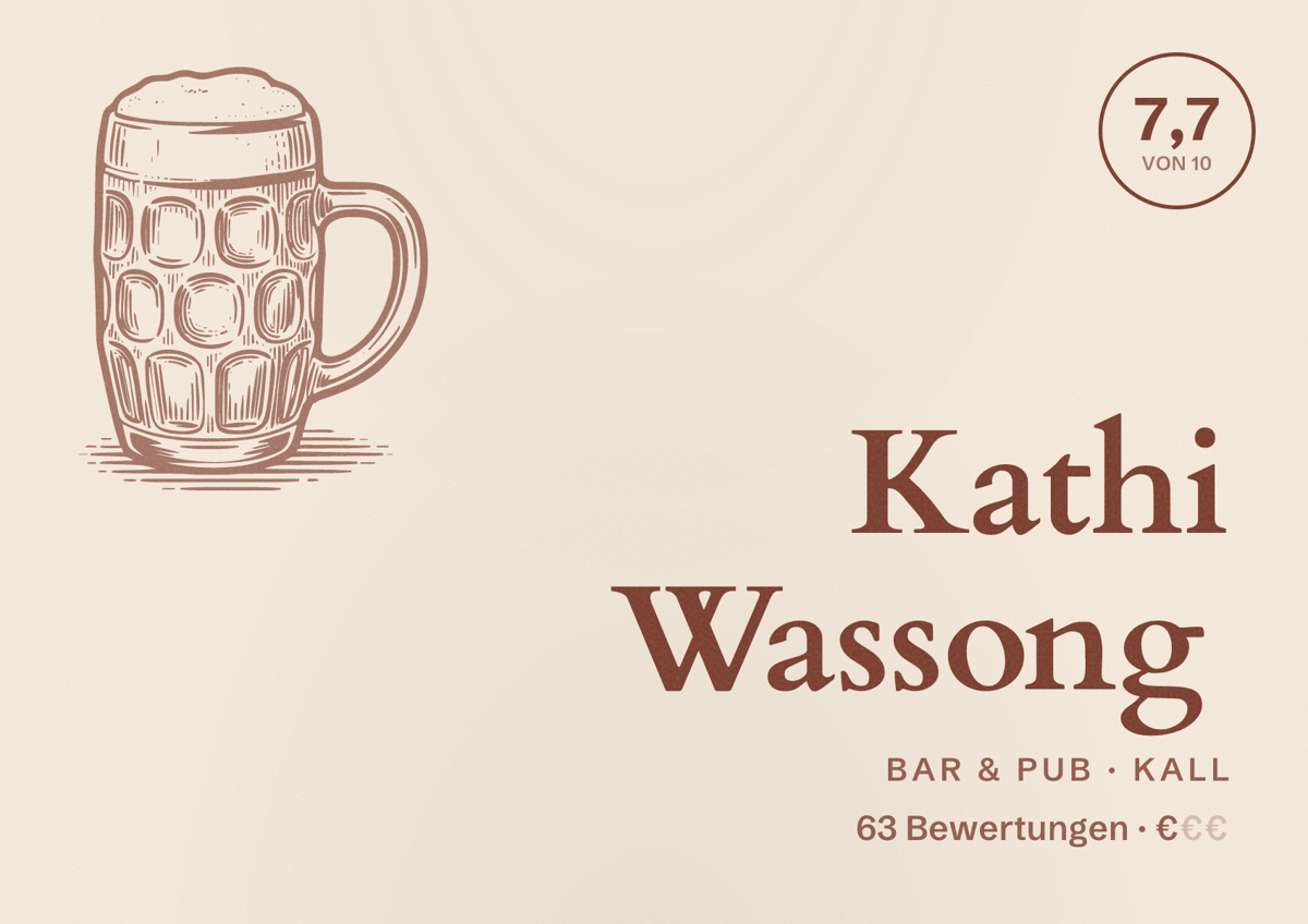 Illustriertes Poster von Kathi Wassong, Bar & Pub in Kall: Bewertung 7,7 von 10 aus 63 Bewertungen, Preisniveau €
