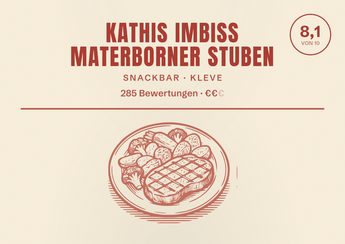 Illustriertes Poster von Kathis Imbiss Materborner Stuben, Snackbar in Kleve: Bewertung 8,1 von 10 aus 285 Bewertungen, Preisniveau €€