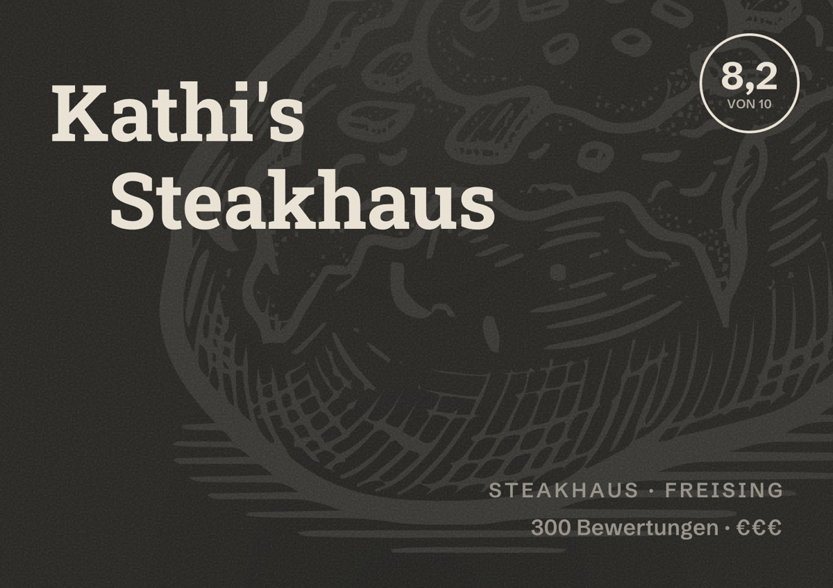 Illustriertes Poster von Kathi's Steakhaus, Steakhaus in Freising: Bewertung 8,2 von 10 aus 300 Bewertungen, Preisniveau €€€