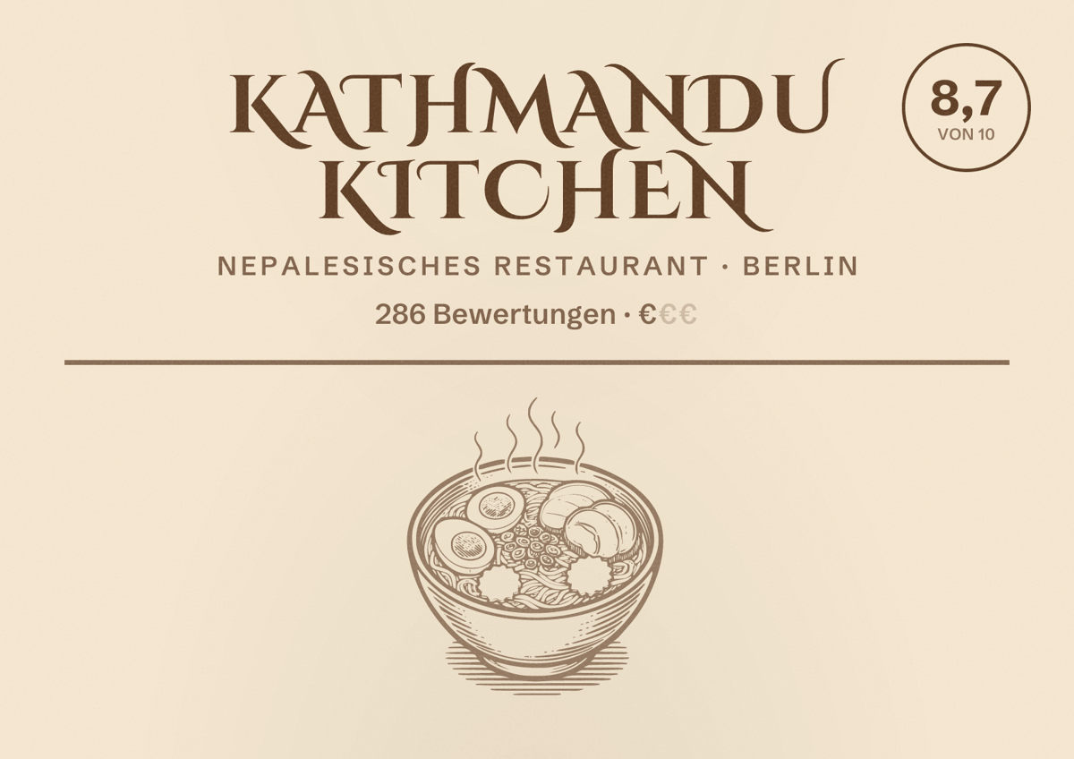 Illustriertes Poster von Kathmandu Kitchen, Nepalesisches Restaurant in Berlin: Bewertung 8,7 von 10 aus 286 Bewertungen, Preisniveau €