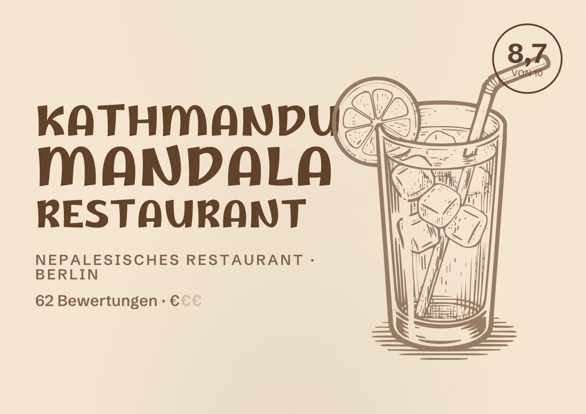 Illustriertes Poster von Kathmandu Mandala Restaurant, Nepalesisches Restaurant in Berlin: Bewertung 8,7 von 10 aus 62 Bewertungen, Preisniveau €