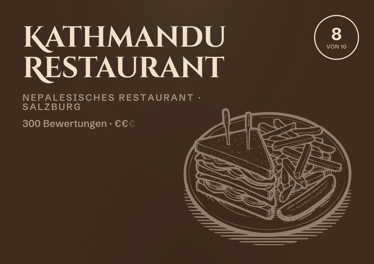 Illustriertes Poster von Kathmandu Restaurant, Nepalesisches Restaurant in Salzburg: Bewertung 8 von 10 aus 300 Bewertungen, Preisniveau €€