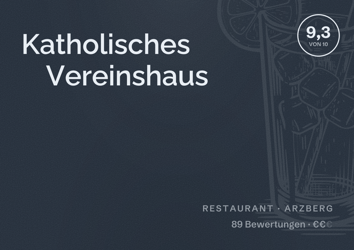 Illustriertes Poster von Katholisches Vereinshaus, Restaurant in Arzberg: Bewertung 9,3 von 10 aus 89 Bewertungen, Preisniveau €€