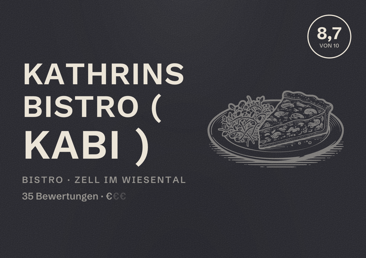 Illustriertes Poster von Kathrins Bistro ( KaBi ), Bistro in Zell im Wiesental: Bewertung 8,7 von 10 aus 35 Bewertungen, Preisniveau €