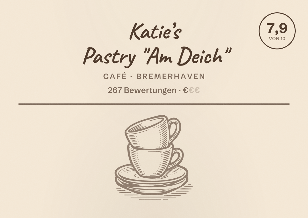 Illustriertes Poster von Katie’s Pastry "Am Deich", Café in Bremerhaven: Bewertung 7,9 von 10 aus 267 Bewertungen, Preisniveau €