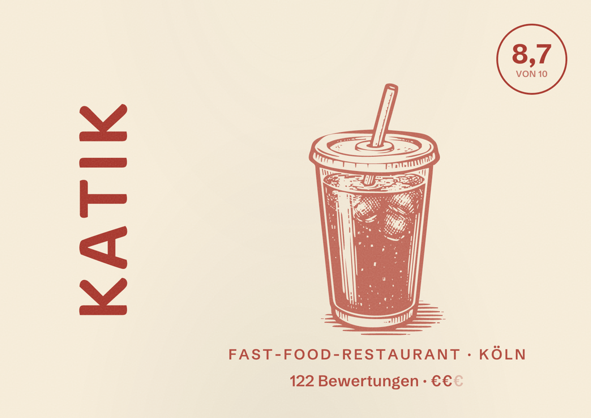 Illustriertes Poster von Katik, Fast-Food-Restaurant in Köln: Bewertung 8,7 von 10 aus 122 Bewertungen, Preisniveau €€