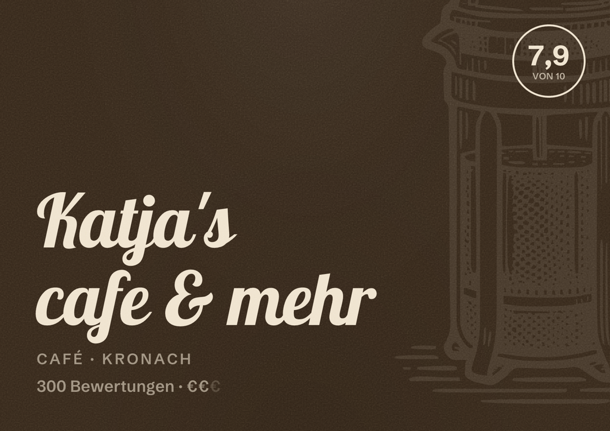 Illustriertes Poster von Katja's cafe & mehr, Café in Kronach: Bewertung 7,9 von 10 aus 300 Bewertungen, Preisniveau €€