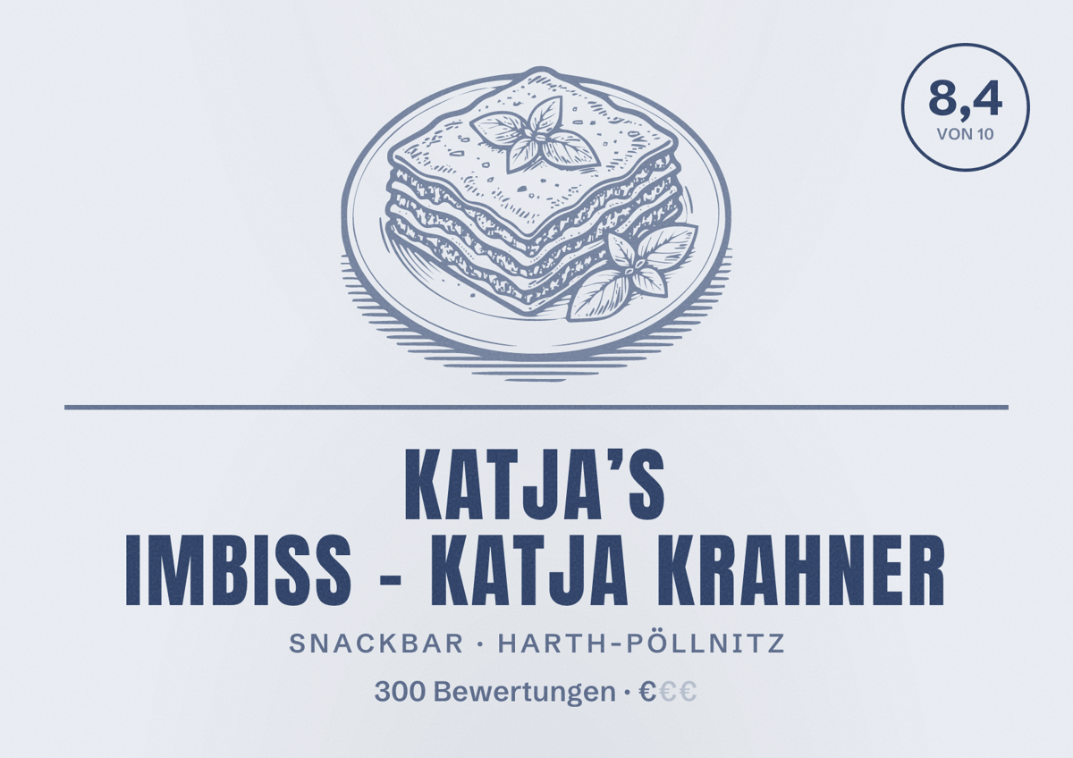 Illustriertes Poster von Katja’s Imbiss - Katja Krahner, Snackbar in Harth-Pöllnitz: Bewertung 8,4 von 10 aus 300 Bewertungen, Preisniveau €