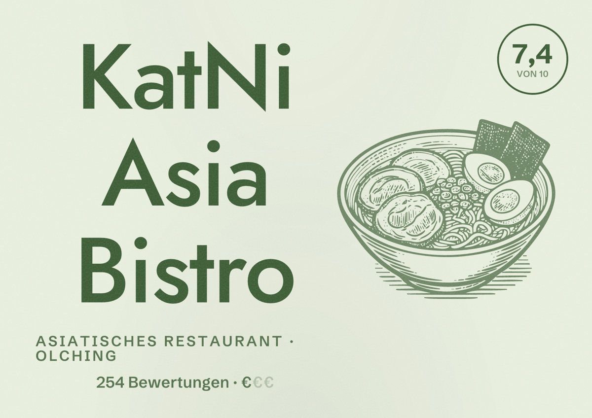 Illustriertes Poster von KatNi Asia Bistro, Asiatisches Restaurant in Olching: Bewertung 7,4 von 10 aus 254 Bewertungen, Preisniveau €