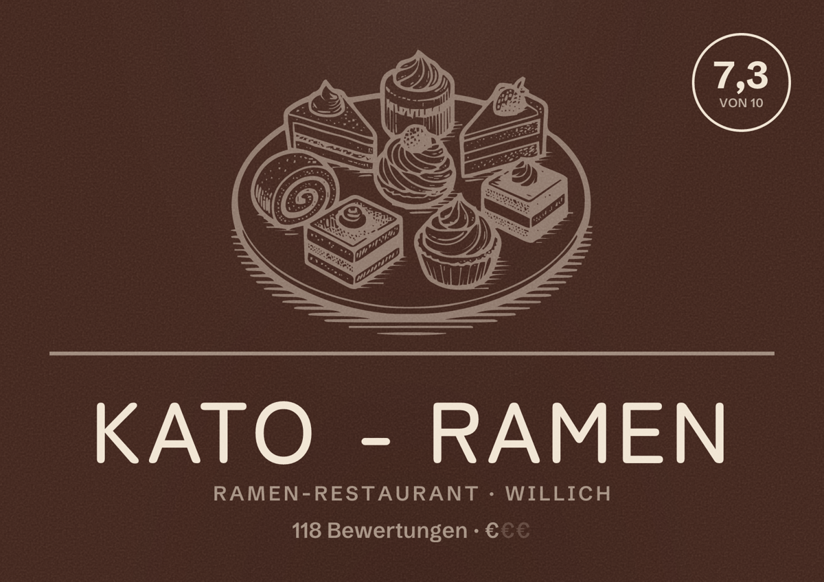 Illustriertes Poster von KATO - Ramen, Ramen-Restaurant in Willich: Bewertung 7,3 von 10 aus 118 Bewertungen, Preisniveau €