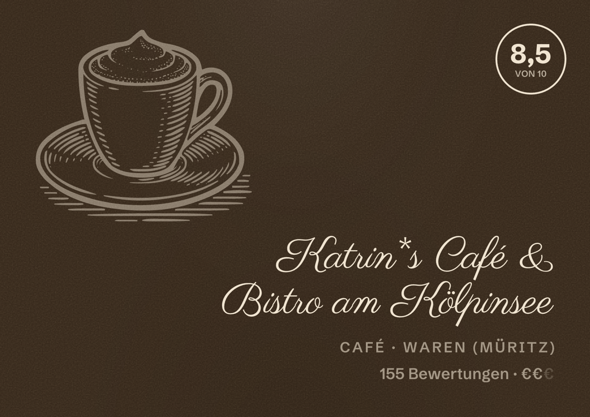 Illustriertes Poster von Katrin*s Café & Bistro am Kölpinsee, Café in Waren (Müritz): Bewertung 8,5 von 10 aus 155 Bewertungen, Preisniveau €€