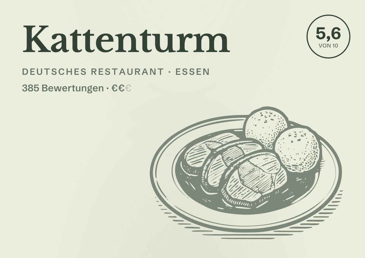 Illustriertes Poster von Kattenturm, Deutsches Restaurant in Essen: Bewertung 5,6 von 10 aus 385 Bewertungen, Preisniveau €€