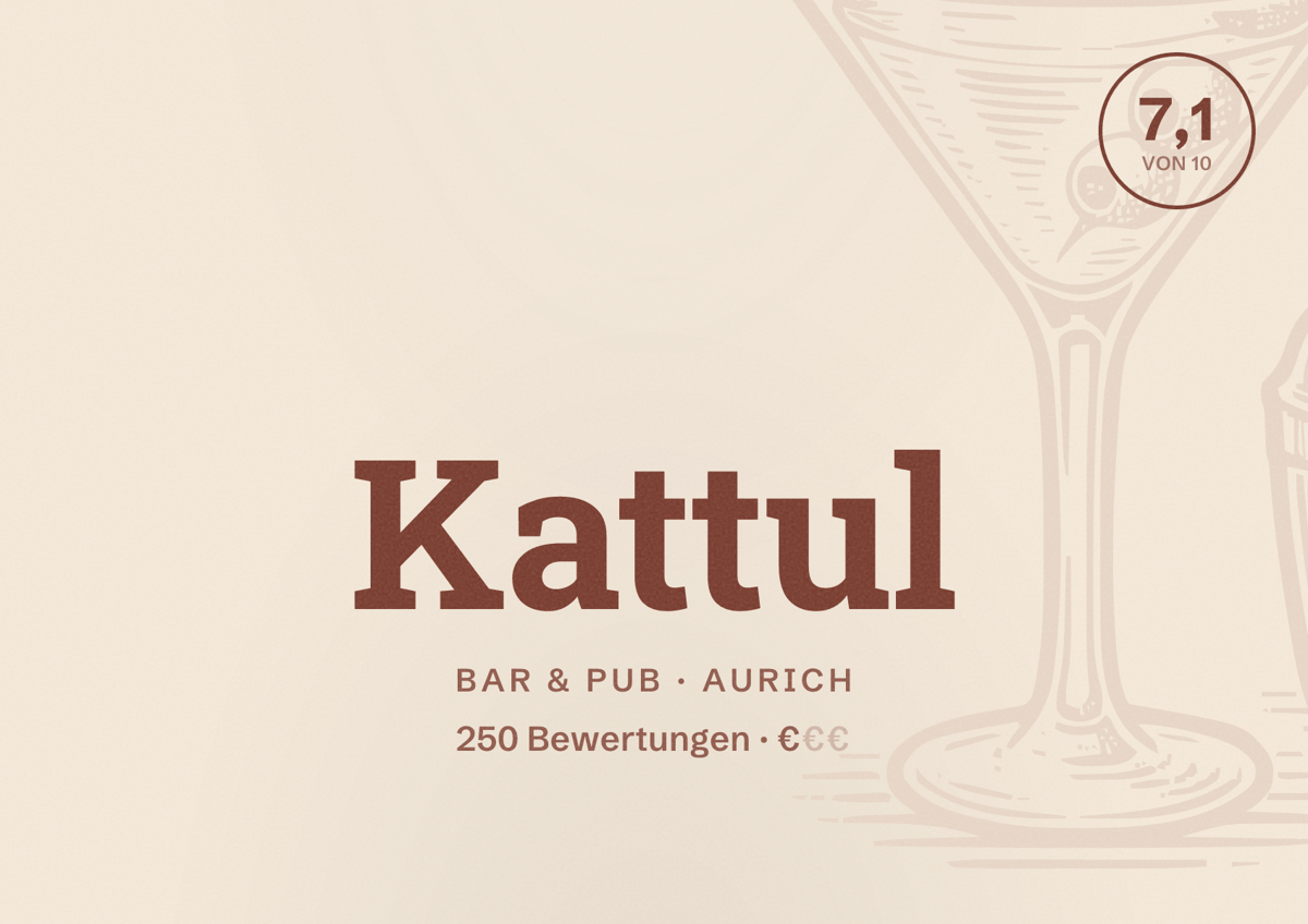 Illustriertes Poster von Kattul, Bar & Pub in Aurich: Bewertung 7,1 von 10 aus 250 Bewertungen, Preisniveau €