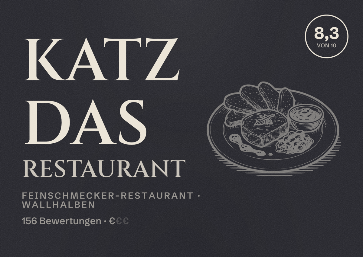 Illustriertes Poster von katz das restaurant, Feinschmecker-Restaurant in Wallhalben: Bewertung 8,3 von 10 aus 156 Bewertungen, Preisniveau €
