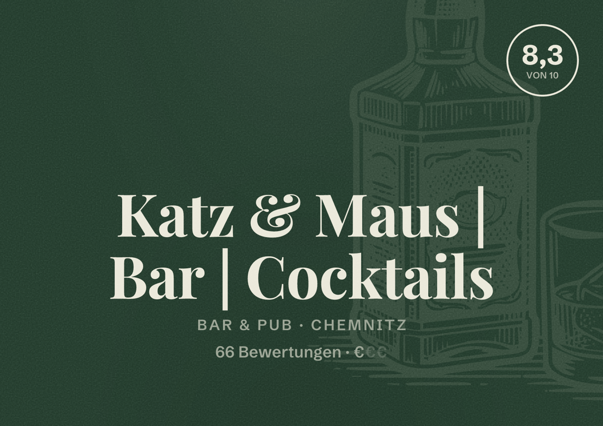 Illustriertes Poster von Katz & Maus | Bar | Cocktails, Bar & Pub in Chemnitz: Bewertung 8,3 von 10 aus 66 Bewertungen, Preisniveau €