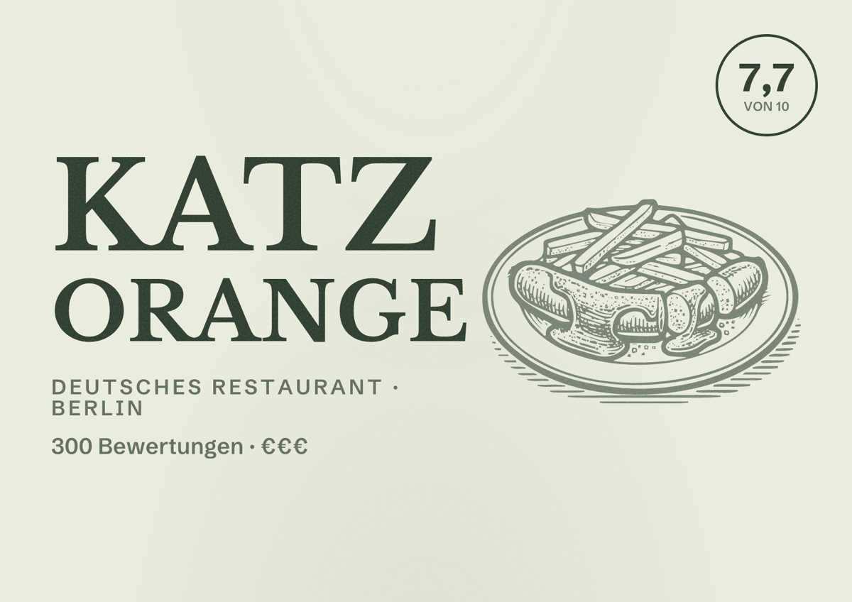 Illustriertes Poster von Katz Orange, Deutsches Restaurant in Berlin: Bewertung 7,7 von 10 aus 300 Bewertungen, Preisniveau €€€