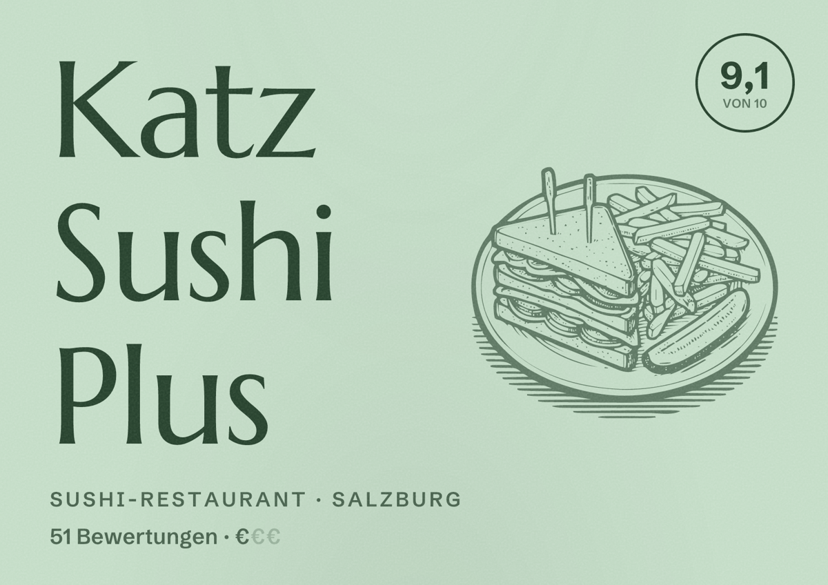Illustriertes Poster von Katz Sushi Plus, Sushi-Restaurant in Salzburg: Bewertung 9,1 von 10 aus 51 Bewertungen, Preisniveau €