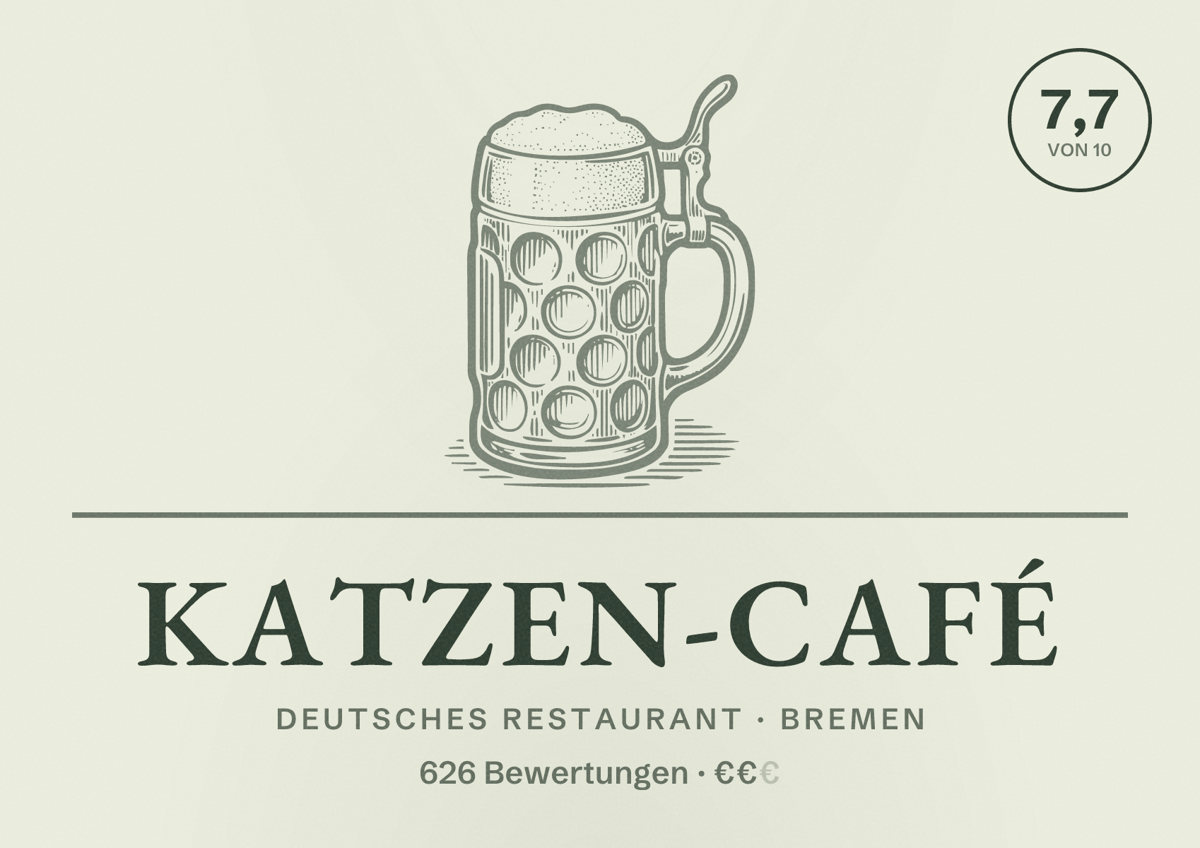 Illustriertes Poster von Katzen-Café, Deutsches Restaurant in Bremen: Bewertung 7,7 von 10 aus 626 Bewertungen, Preisniveau €€
