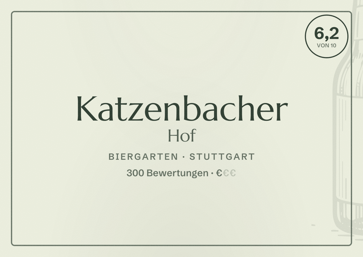Illustriertes Poster von Katzenbacher Hof, Biergarten in Stuttgart: Bewertung 6,2 von 10 aus 300 Bewertungen, Preisniveau €