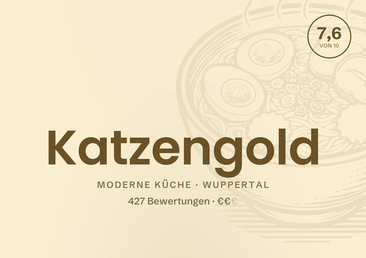 Illustriertes Poster von Katzengold, Moderne Küche in Wuppertal: Bewertung 7,6 von 10 aus 427 Bewertungen, Preisniveau €€