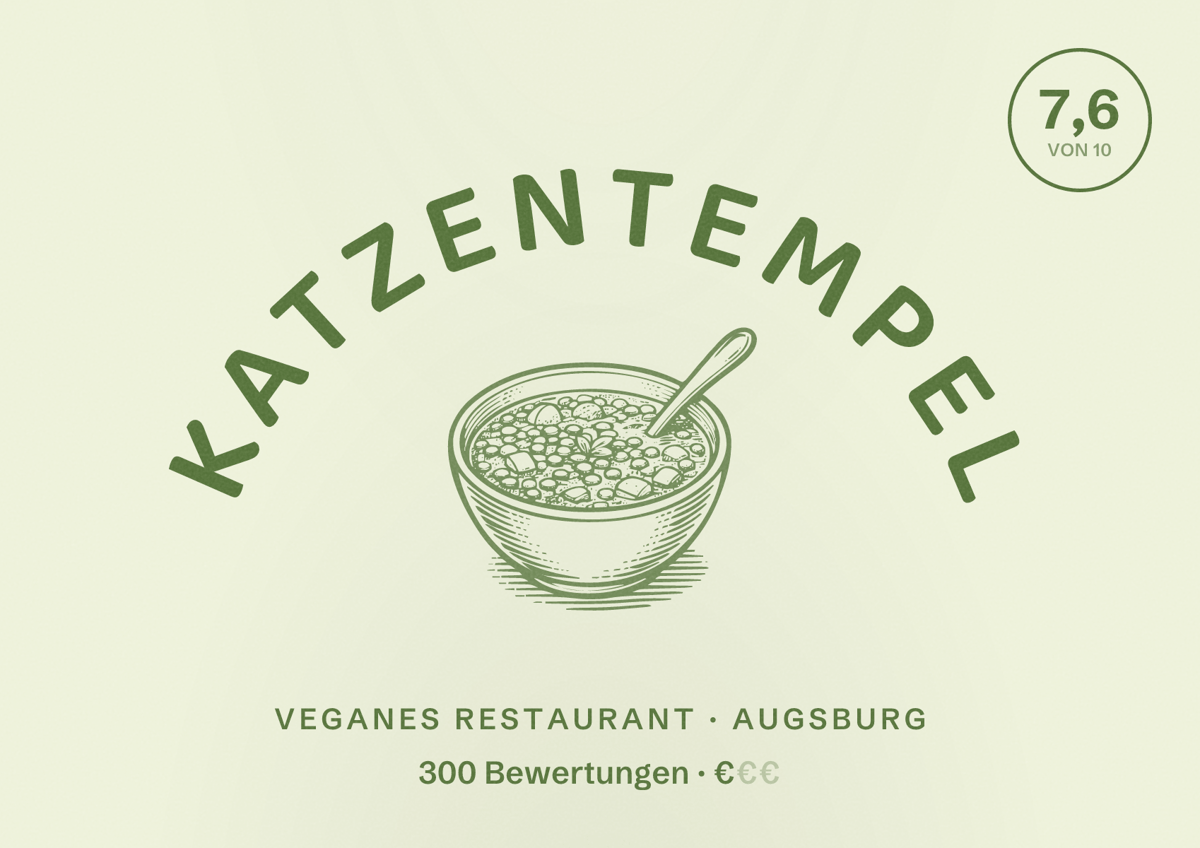 Illustriertes Poster von Katzentempel, Veganes Restaurant in Augsburg: Bewertung 7,6 von 10 aus 300 Bewertungen, Preisniveau €