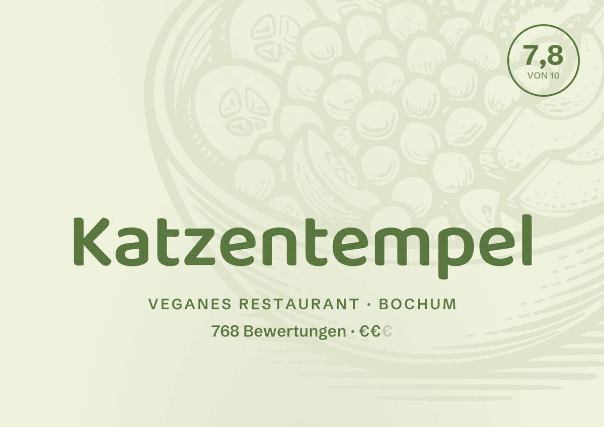 Illustriertes Poster von Katzentempel, Veganes Restaurant in Bochum: Bewertung 7,8 von 10 aus 768 Bewertungen, Preisniveau €€